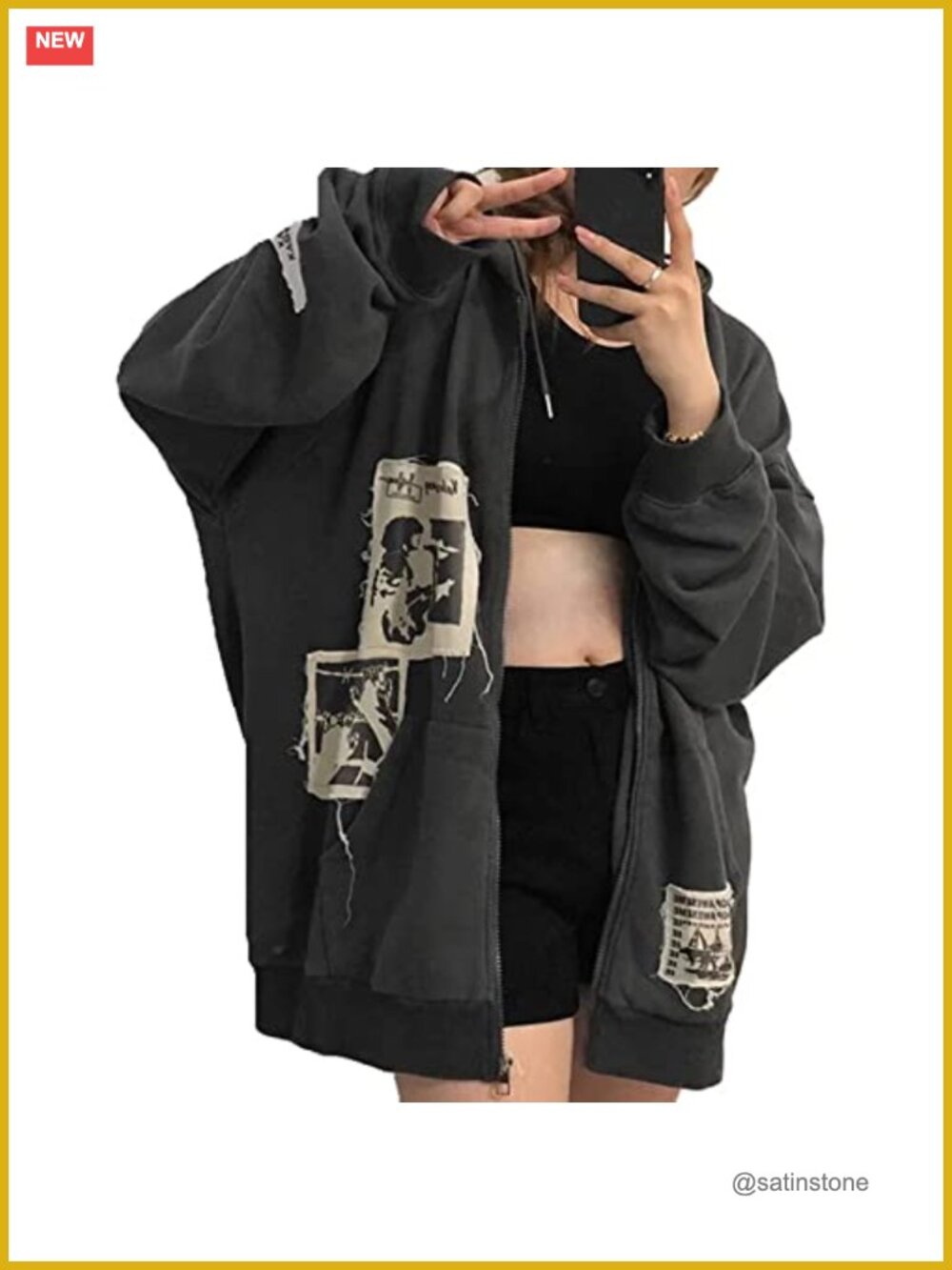 Oversized Zip Up Hoodie Rhinestone Skeleton Gothic Grunge Y2k Streetwear Jacket